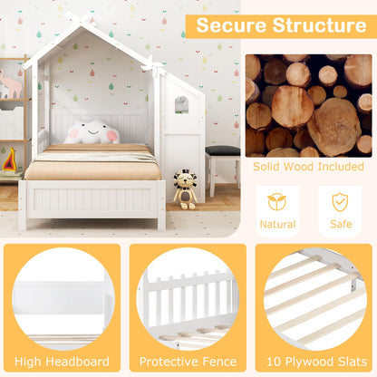 Goflame Twin House Bed with Desk & Chair, Wood Kids Playhouse Bed with 2 Drawers