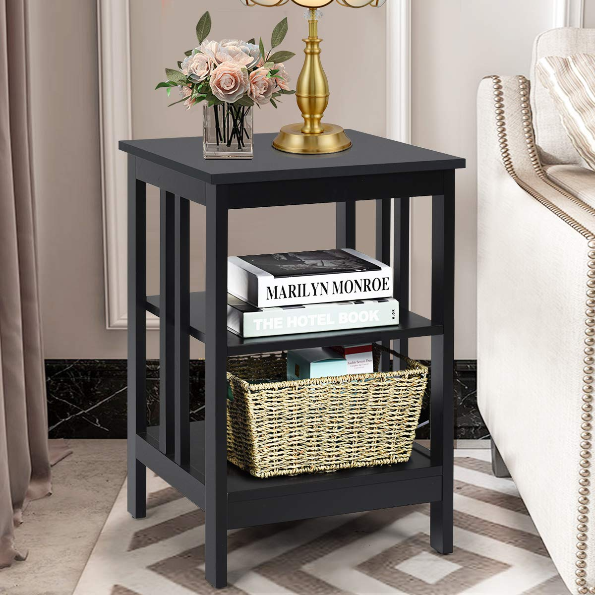 Goflame Nightstand 3-Tier Sofa Side Table W/Reinforced Bars and Stable Structure