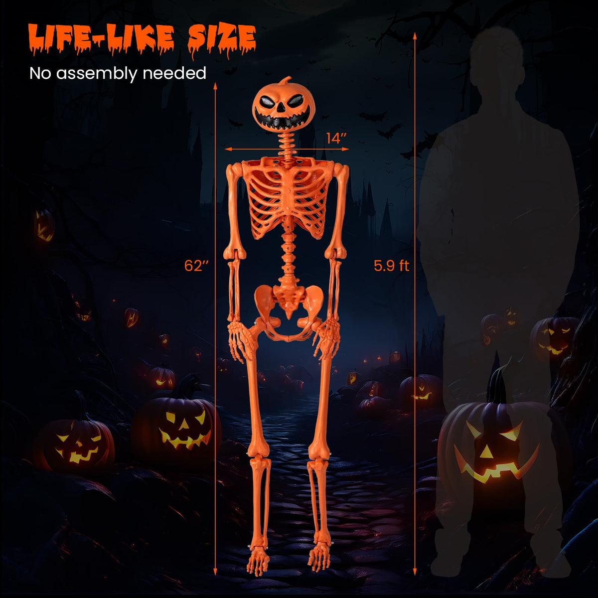 Goflame 5.2 Ft Life-Size Posable Skeleton with Pumpkin Head Halloween Orange Skeleton Decoration
