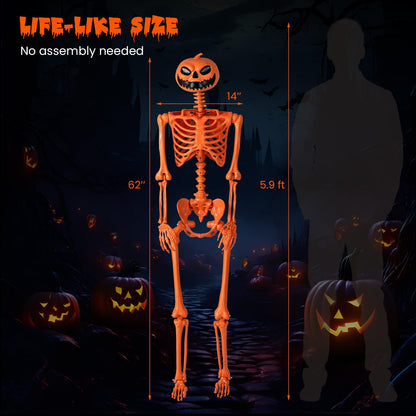 Goflame 5.2 Ft Life-Size Posable Skeleton with Pumpkin Head Halloween Orange Skeleton Decoration