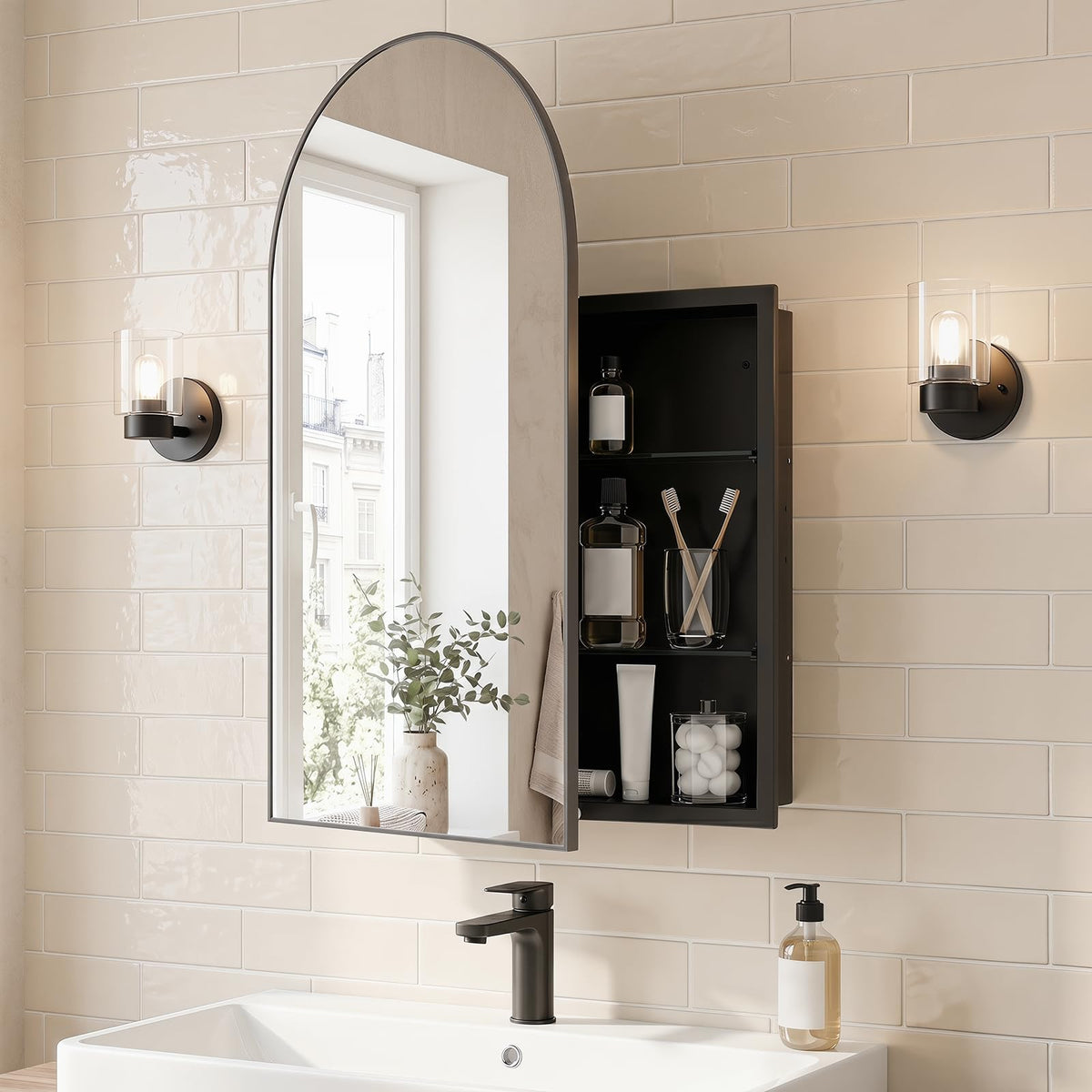 Goflame 34" x 22" Brushed Metal Wall-Mounted Medicine Cabinet for Bathroom