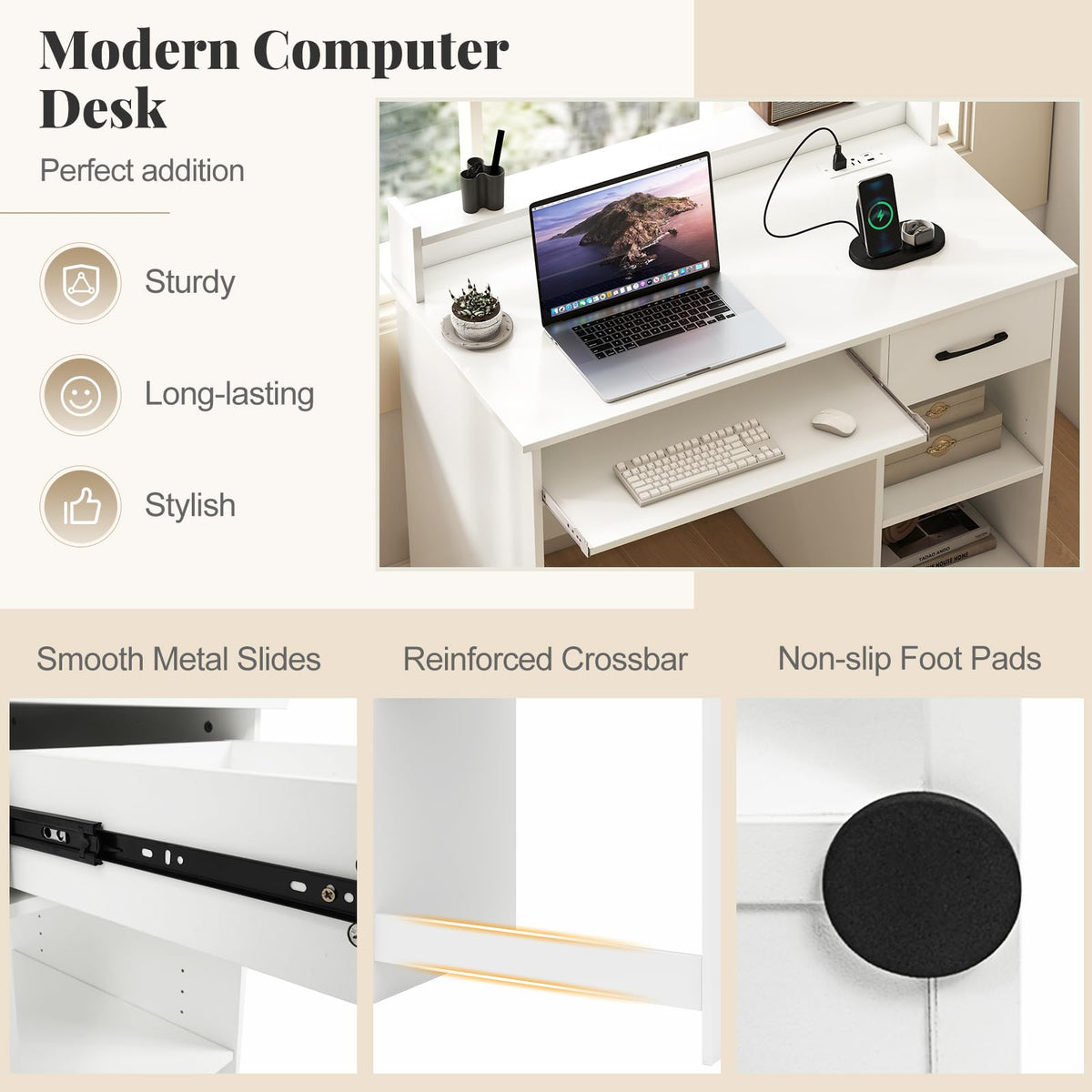 Goflame White Desk with Drawers Modern Home Office Desk