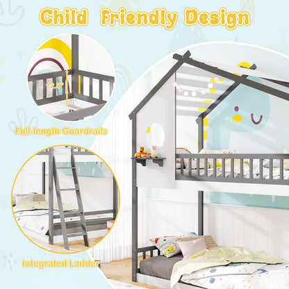 Goflame Solid Wood Floor Bunk Bed with Ladder and Full-Length Guardrails
