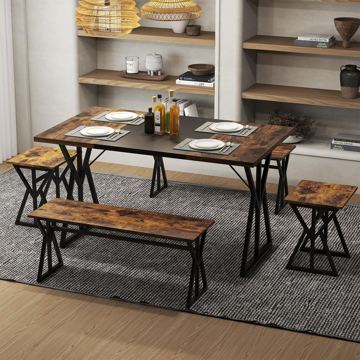 Goflame 55" Kitchen Table with 2 Benches & 2 Stools with X-Shaped Metal Frame