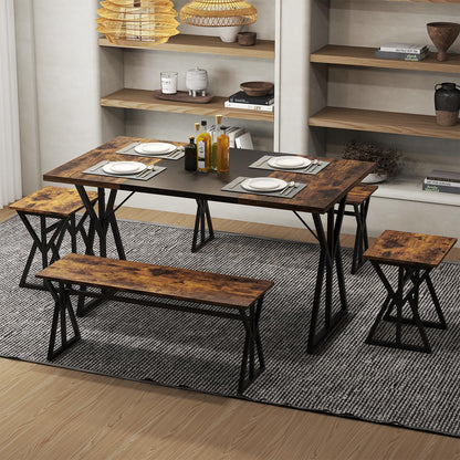 Goflame 55" Kitchen Table with 2 Benches & 2 Stools with X-Shaped Metal Frame