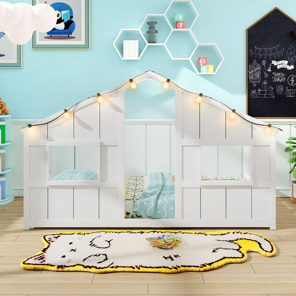 Goflame Twin Kids House Bed with Light Bulbs Wooden Montessori Floor Bed Frame with Roof & Windows