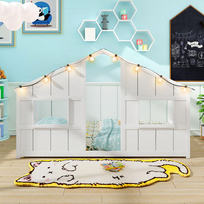 Goflame Twin Kids House Bed with Light Bulbs Wooden Montessori Floor Bed Frame with Roof & Windows
