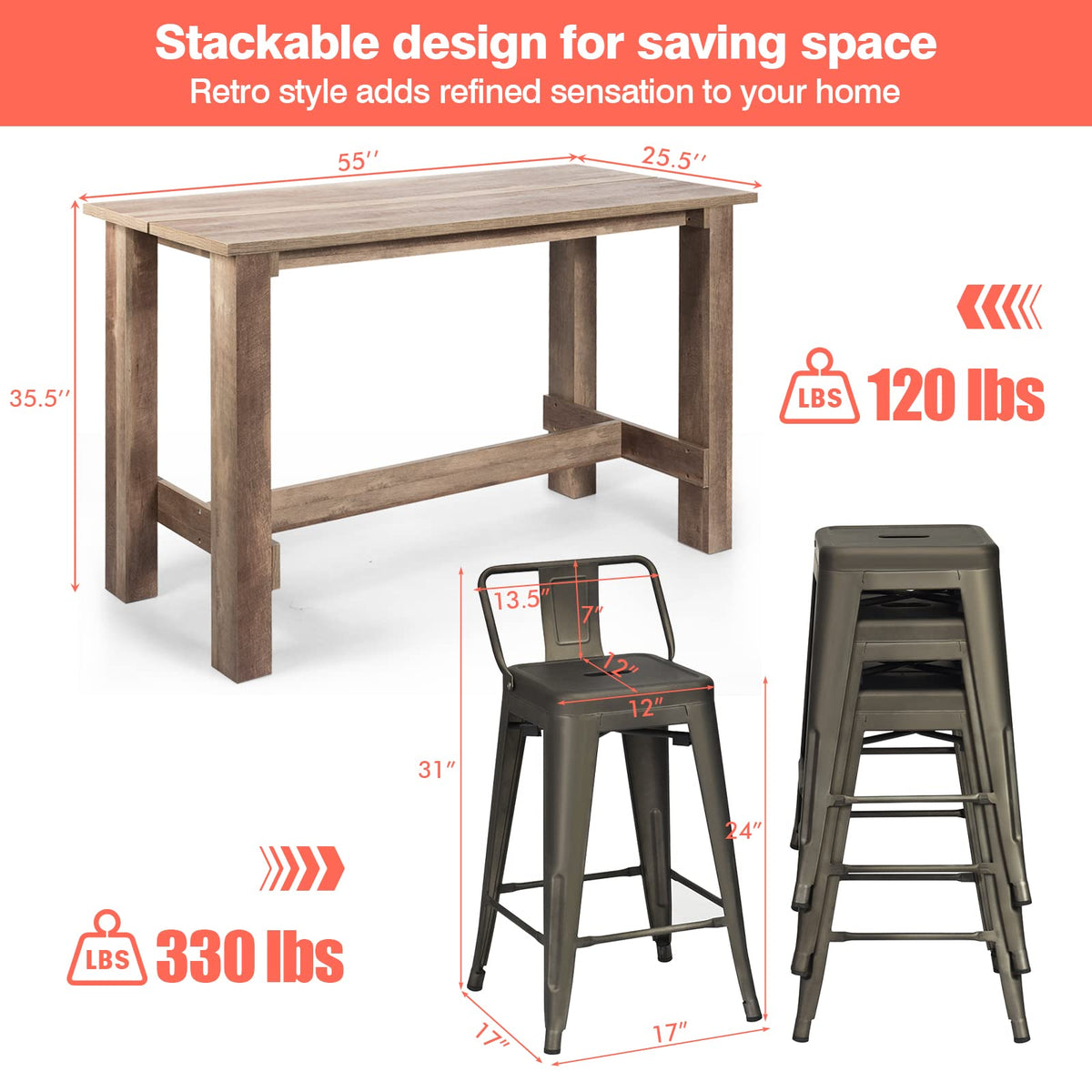 Goflame 5 Pieces Dining Table Set, Rectangular Counter Height Table w/ 4 Metal Bar Stools