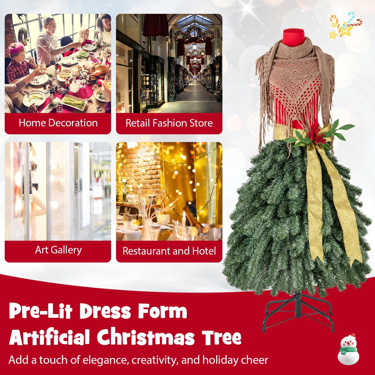 Goflame 5ft Pre-Lit Dress Form Christmas Tree with Female Mannequin Torso & Scarf