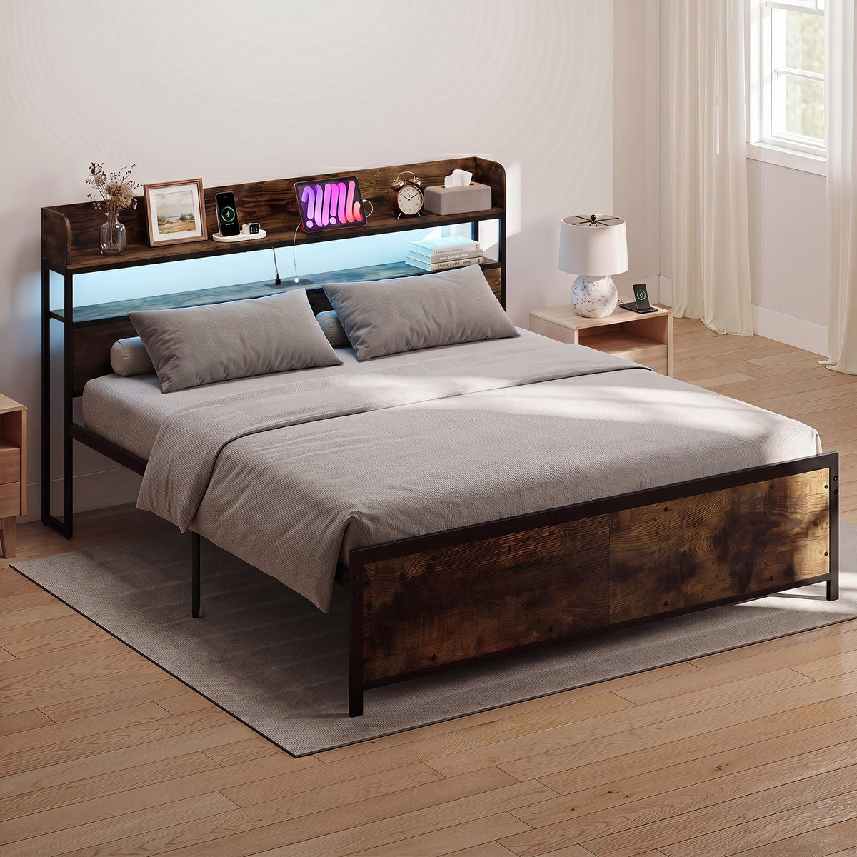 Goflame King Size Bed Frame with Storage Headboard