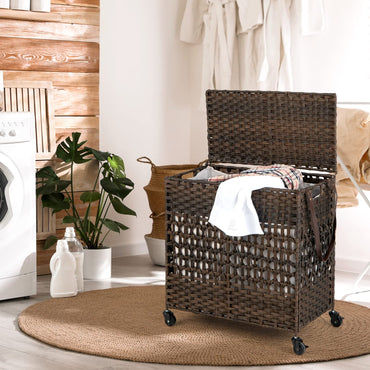Goflame Laundry Hamper with Wheels and Lid, 33 Gal (125L) Wicker Laundry Basket, 2 Removable Liner Bags