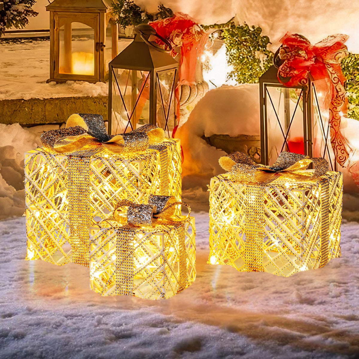 Goflame Set of 3 Christmas Lighted Gift Boxes, 90 LED Light up Present Boxes with Bows