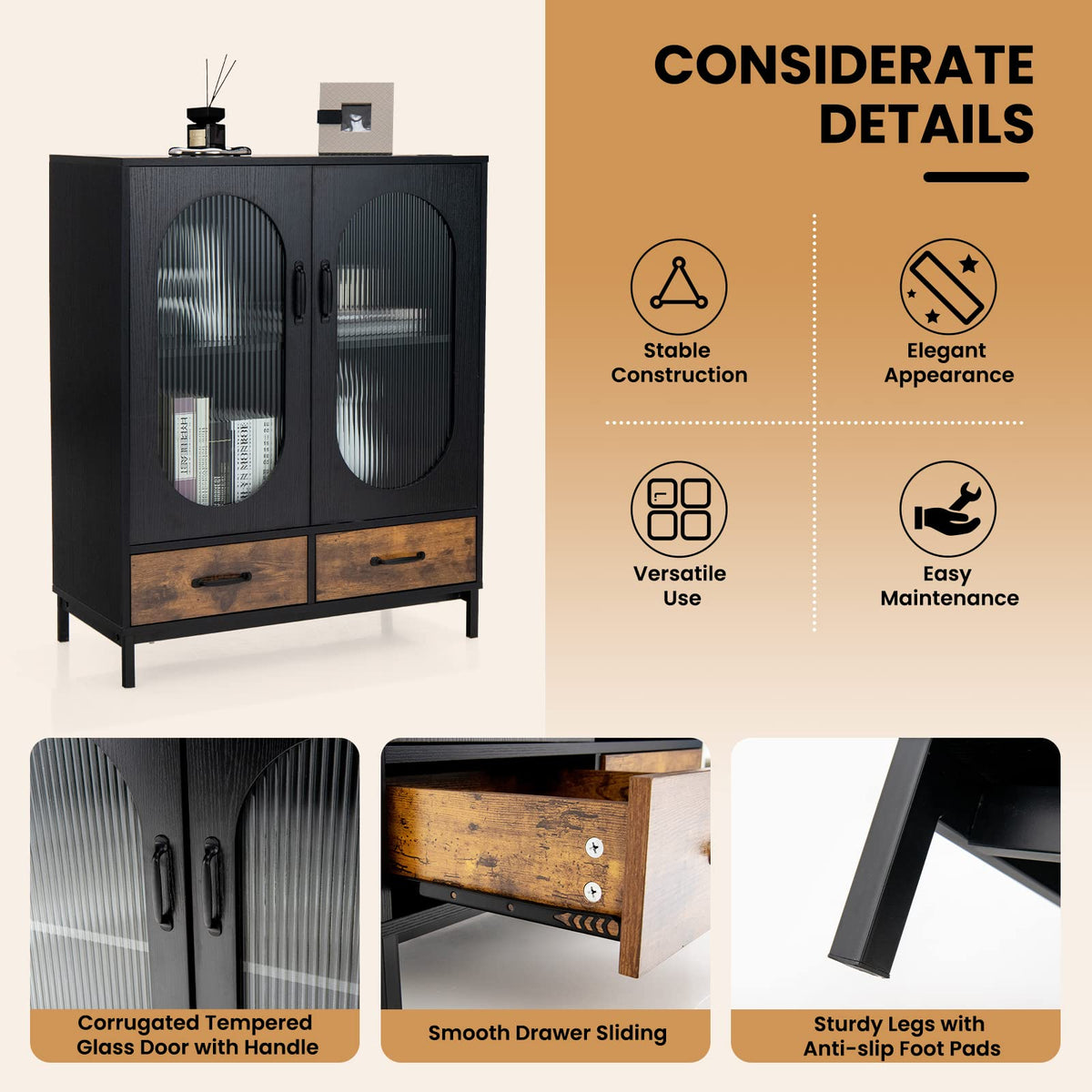 Goflame Buffet Cabinet with 2 Drawers, Wooden Sideboard, Standing 2-Tier Cupboard (Black & Brown)