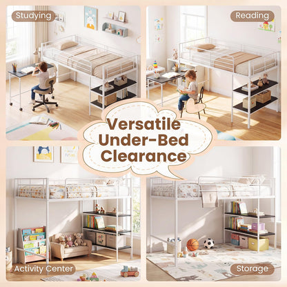 Goflame Low Loft Twin Size Bed with Desk & Bookshelf