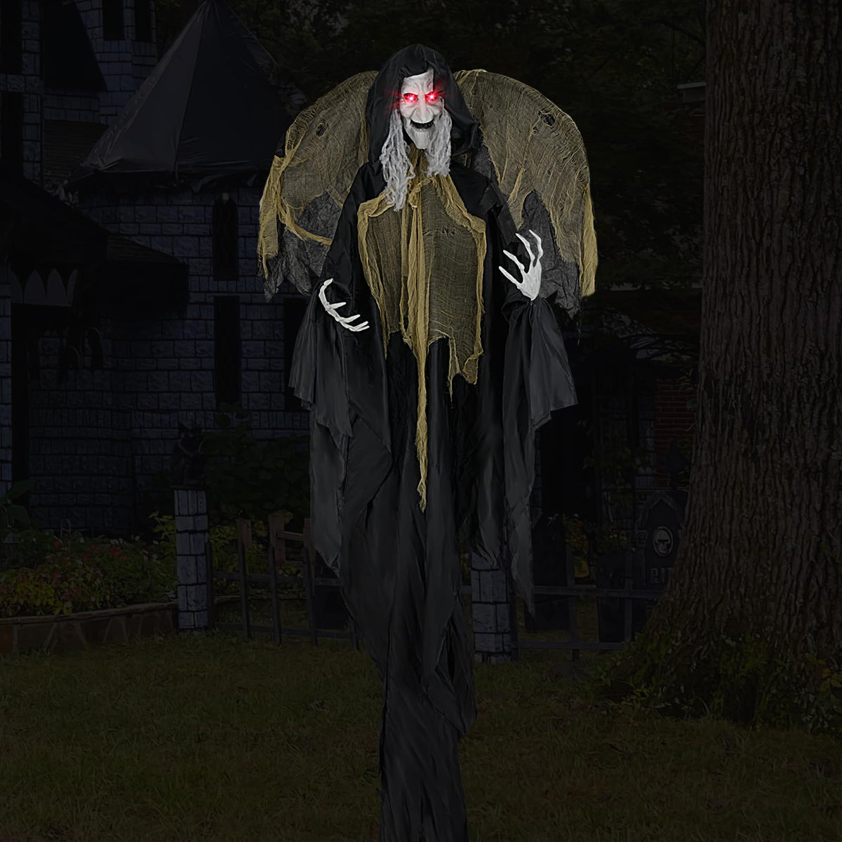 Goflame 8.2 FT Halloween Standing Witch, Poseable Halloween Animatronic Prop with Light up Eyes