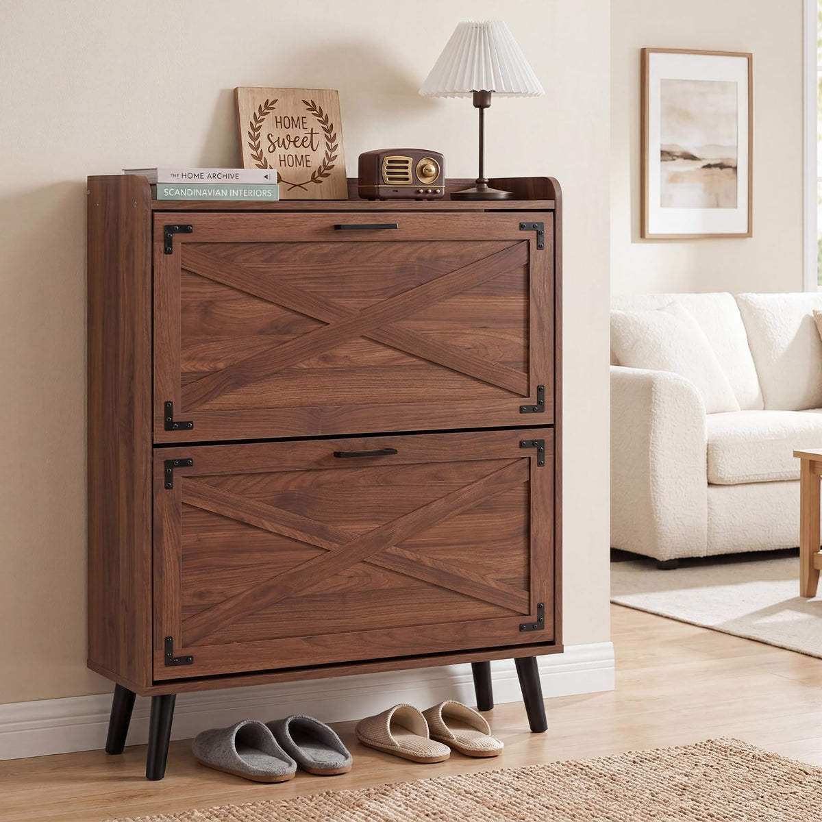Goflame Freestanding Slim Farmhouse Shoe Storage Cabinet with 2 Flip Drawers