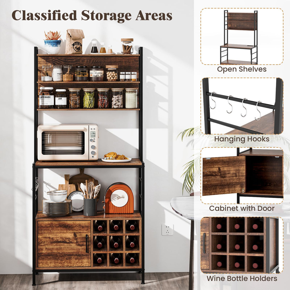 Goflame Bakers Rack with Power Outlet, 67” Microwave Stand with Storage Cabinet, Spice Rack