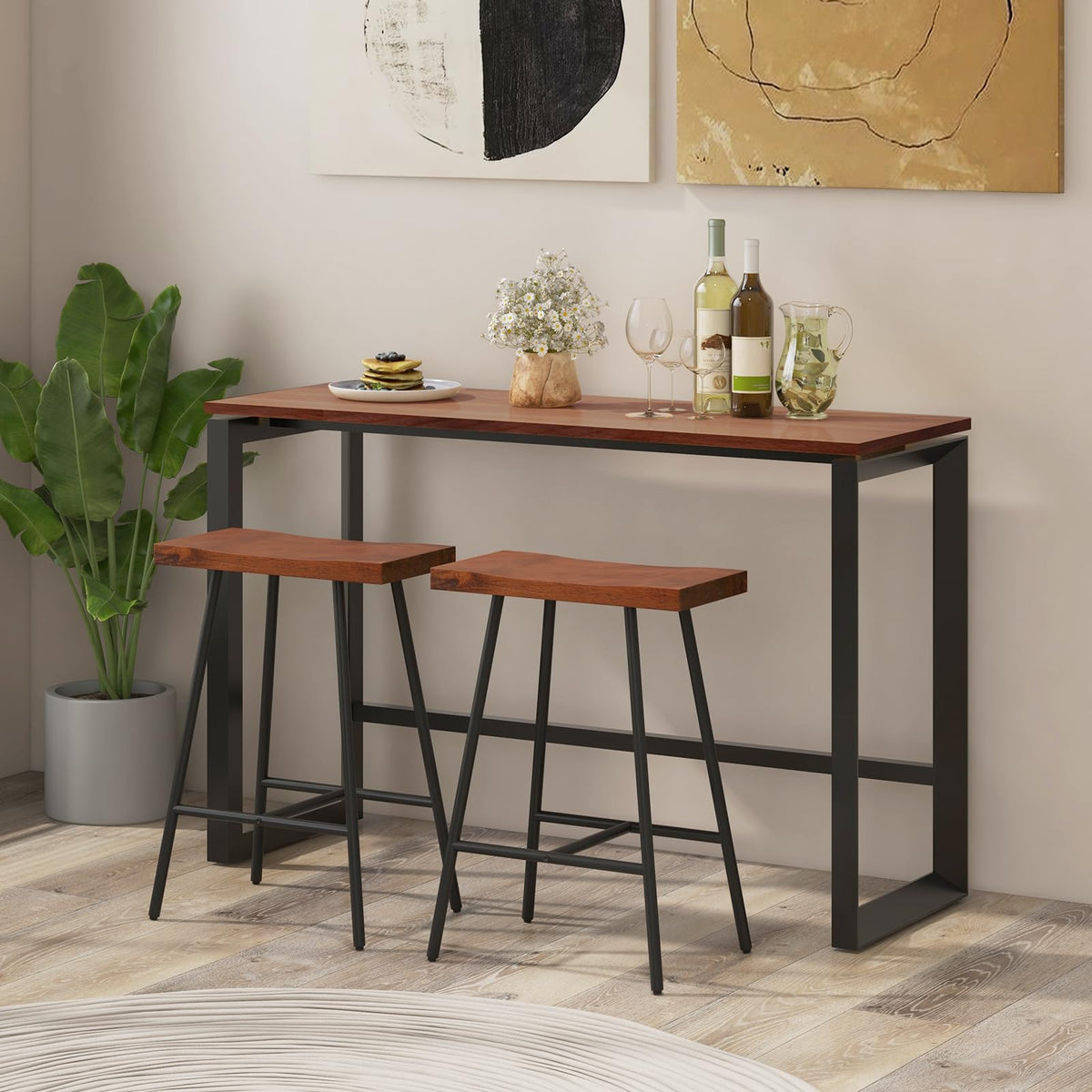 Industrial Saddle Stool with Footrest, Metal Legs, Adjustable Foot Pads, Backless Counter Height Chair for Living Room Kitchen Bar