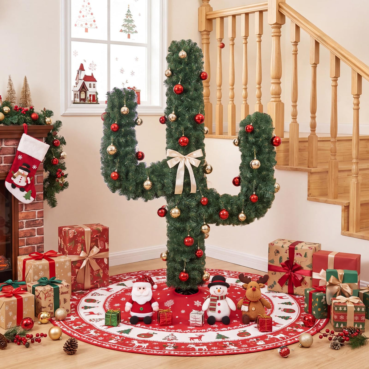 GOFLAME 5/6/7ft Pre-Lit Artificial Cactus Christmas Tree with Metal Stand