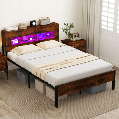 Goflame Full Size Bed Frame with LED Lights & Charging Station
