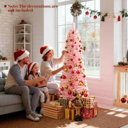 Goflame 5ft / 6ft Pink Slim Pencil Christmas Tree | Snow Flocked Skinny Xmas Full Tree