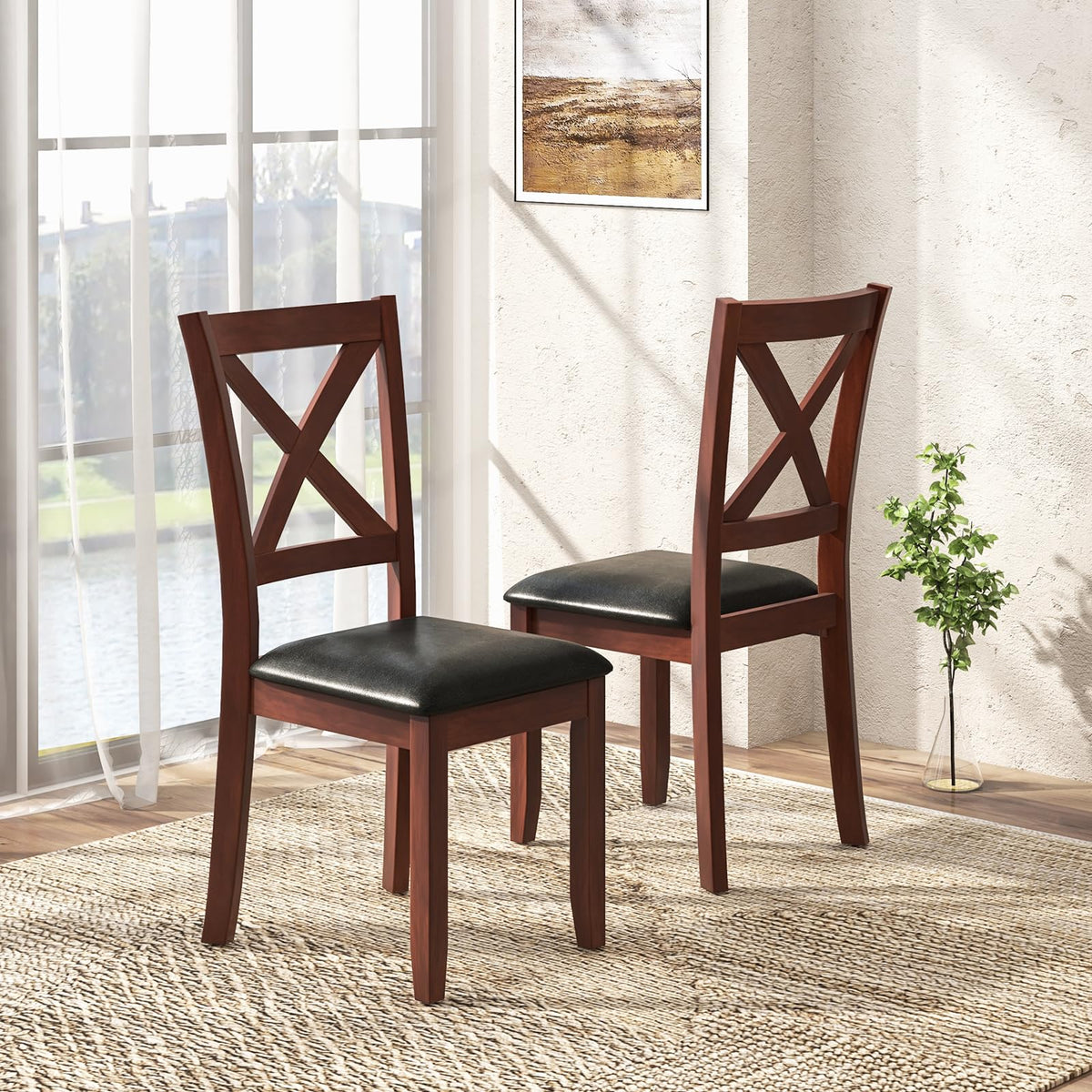Goflame Wood Dining Chairs, Faux Leather Upholstered Dining Chairs with Rubber Wood Legs