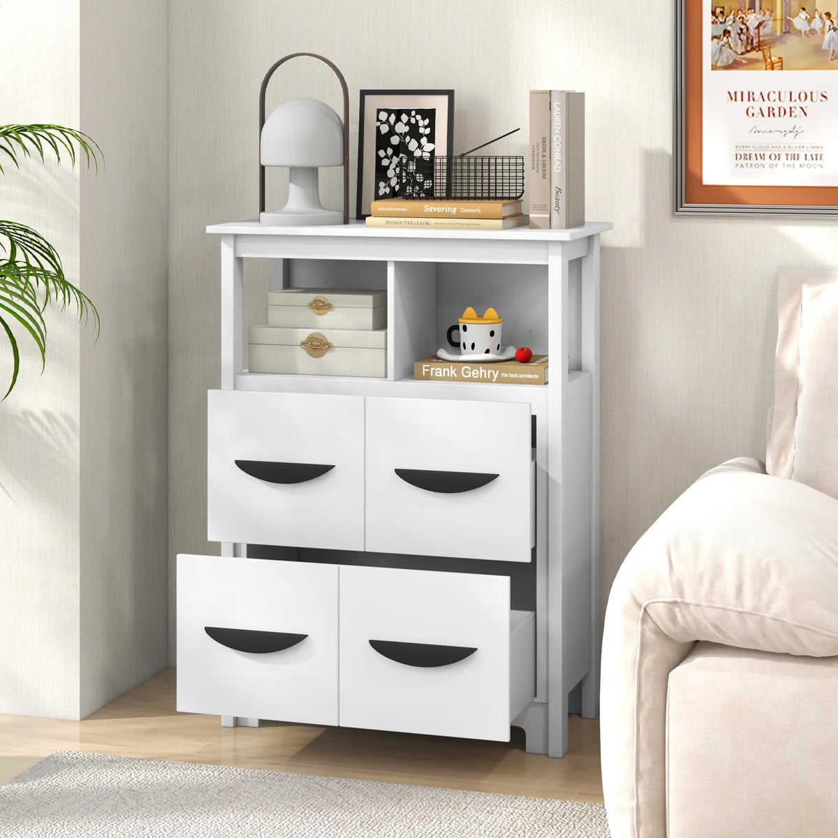 Goflame Storage Cabinet with Large Drawers, Open Storage Compartments, Anti-Tipping Kit, White