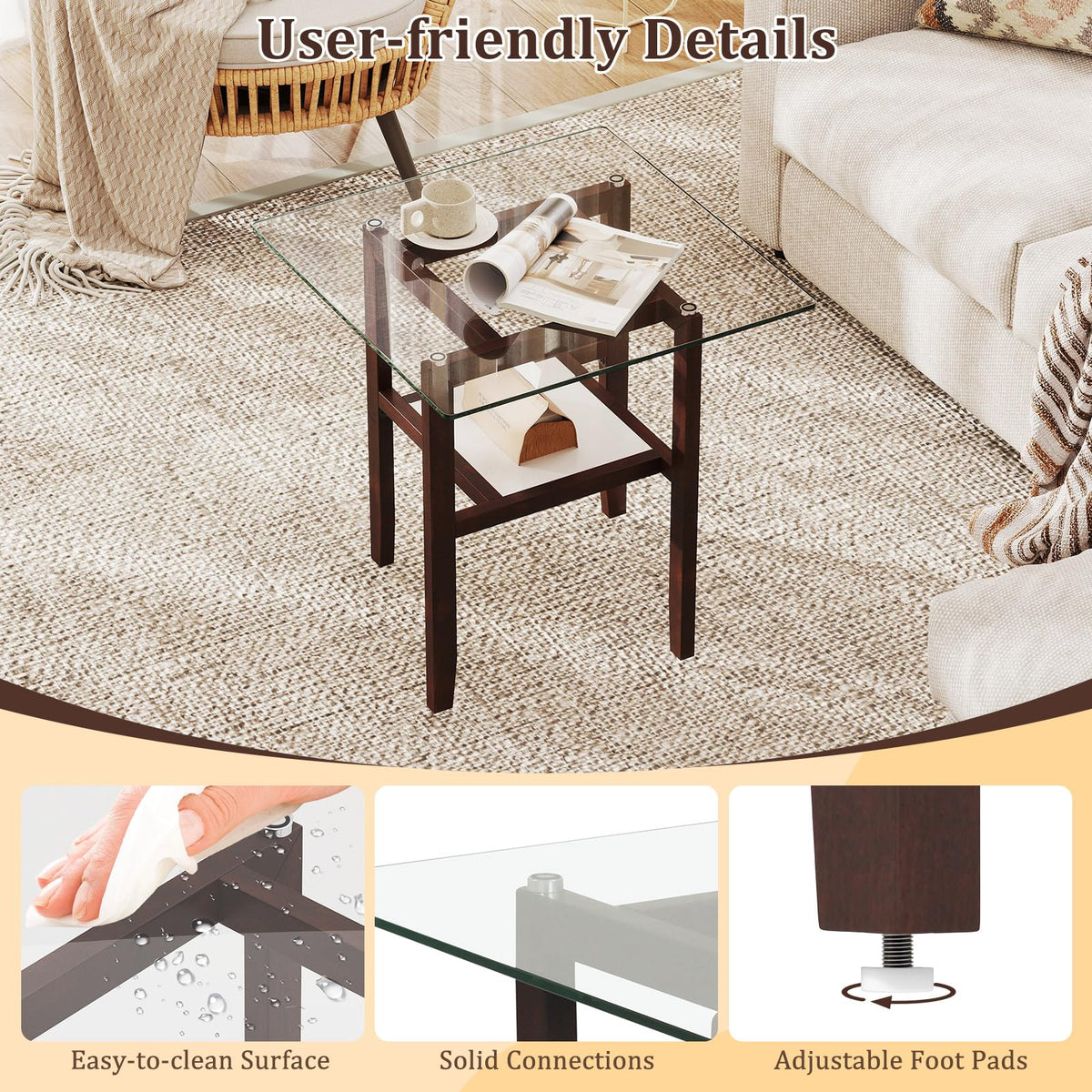 Goflame Small Coffee Table 24" Glass End Table