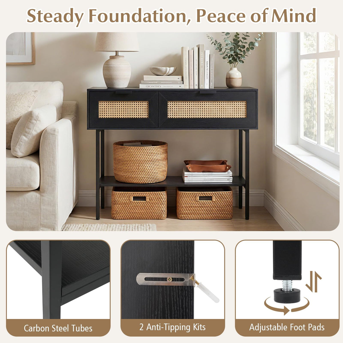 Goflame Rattan Console Table Boho Entryway Table with 2 Storage Cabinets