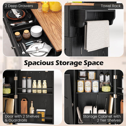 Goflame Kitchen Island Cart with Hidden Tilt Out Trash Can Cabinet, Drop Leaf, 2 Drawers, Towel Rack
