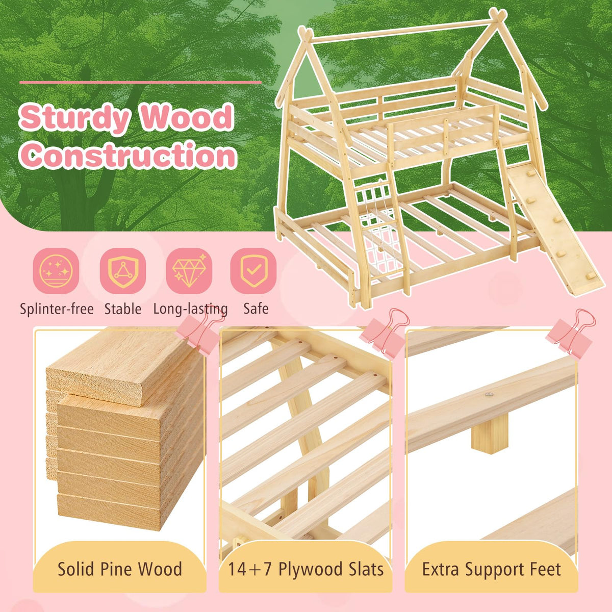 Goflame Twin Over Queen Bunk Bed, Wood House Bunk Bed for Kids with Climbing Nets and Ramp