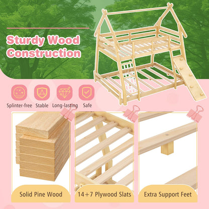 Goflame Twin Over Queen Bunk Bed, Wood House Bunk Bed for Kids with Climbing Nets and Ramp
