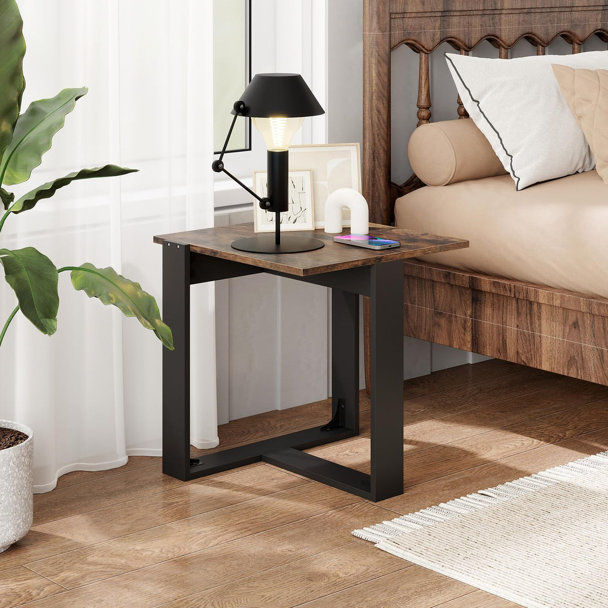 Goflame Rustic Brown Square Industrial Side Table w/T-Shape Metal Frame