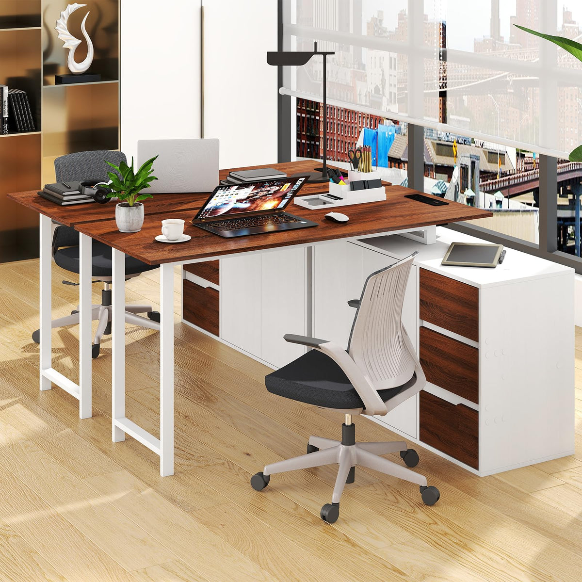 54.5” L Shaped Computer Desk with Power Outlet, Reversible Corner Desk with File Cabinet and 3 Drawers