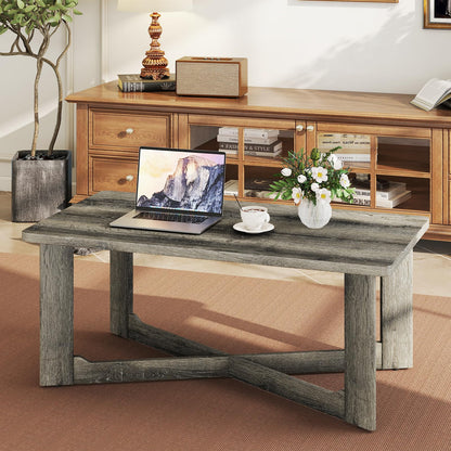 Goflame Farmhouse Wood Coffee Table Rectangle Center Table with X-Shaped Base & Rubber Wood Frame