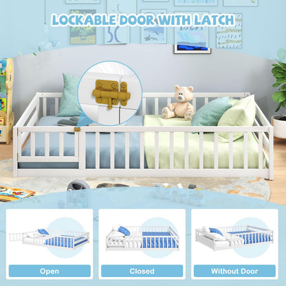 Goflame Floor Bed with Door & Fence Kids Wood Montessori Beds with Safety Guardrails
