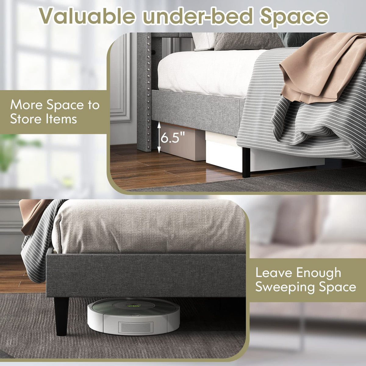 Goflame Full Size Linen Fabric Upholstered Platform Bed Frame