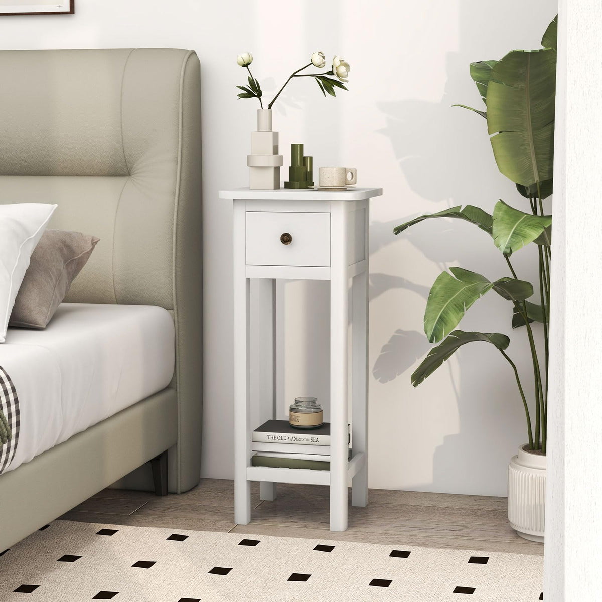 Goflame Narrow End Table with Drawer, Tall Acacia Wood Side Table with Bottom Shelf, Modern Bedside Tables