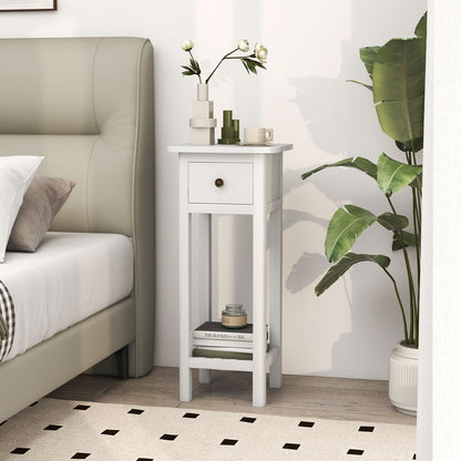 Goflame Narrow End Table with Drawer, Tall Acacia Wood Side Table with Bottom Shelf, Modern Bedside Tables