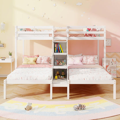 Goflame Twin Over Twin & Twin Bunk Bed, Triple Bunk Beds with 4-Step Storage Stair, Wooden 3 Bunk Beds for Kids Teens