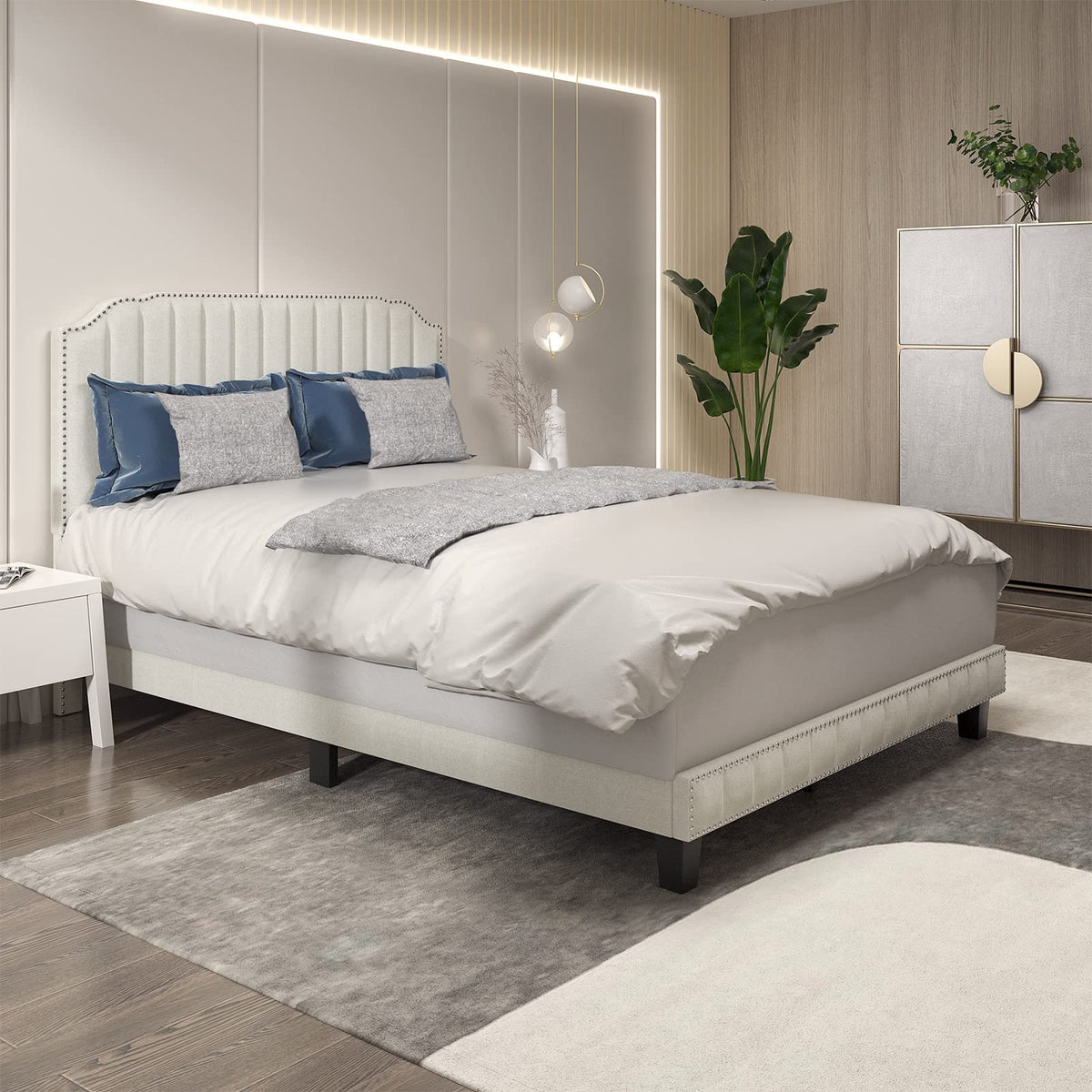 Goflame Queen/Full/Twin Size Upholstered Bed Frame, Linen Platform Bed w/Rivet Headboard, Heavy Duty Mattress Foundation