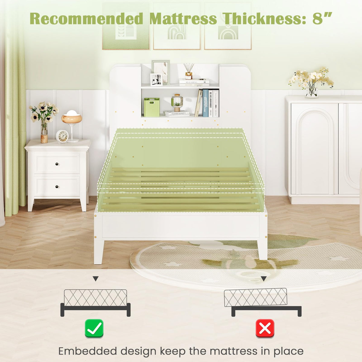 Goflame Twin Bed Frames for Kids, Wooden Twin Size Bed with Storage Bookcase Headboard
