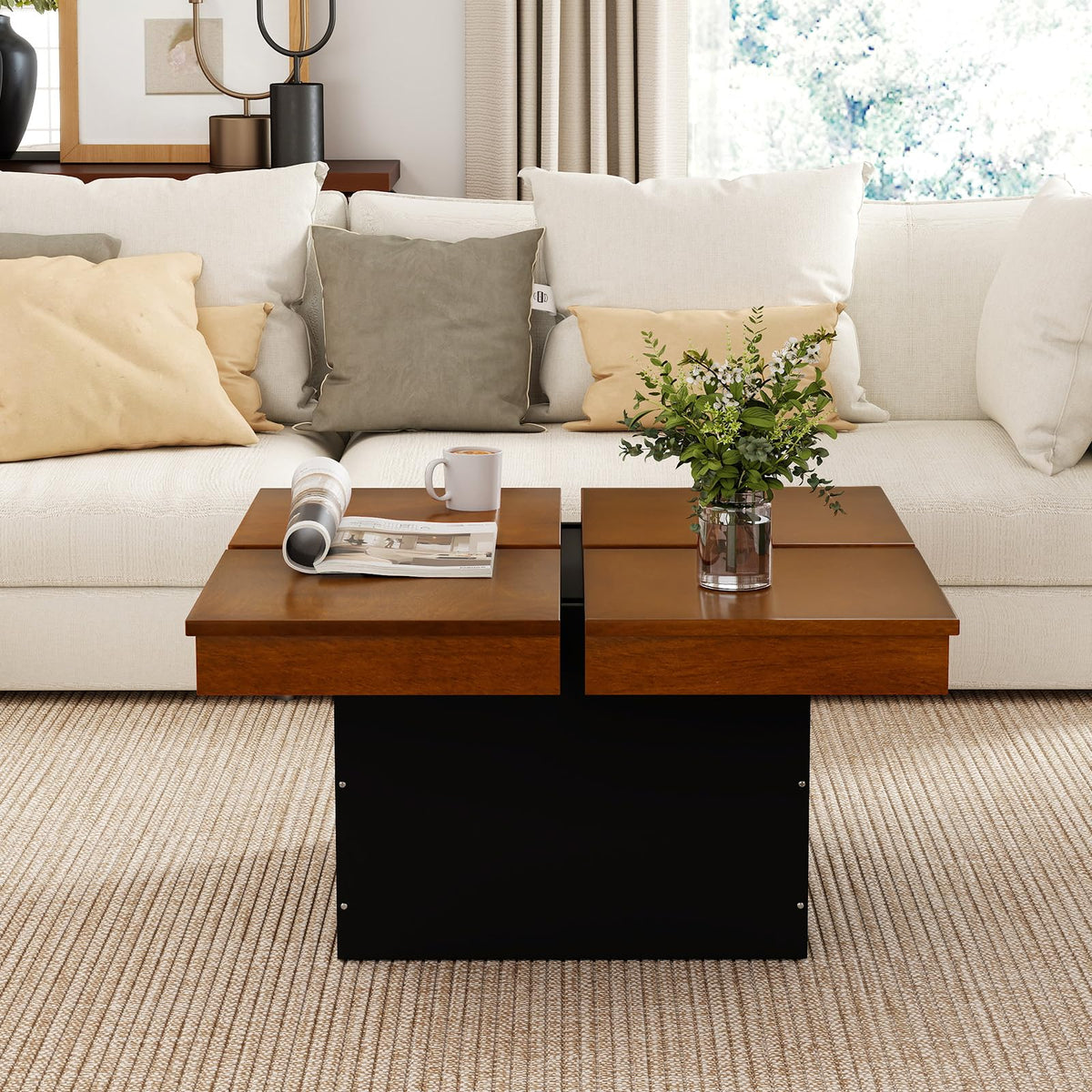 Goflame Square Coffee Table | 31.5 Inch Mid Century Modern Center Table with Solid Wood Veneered Split Top