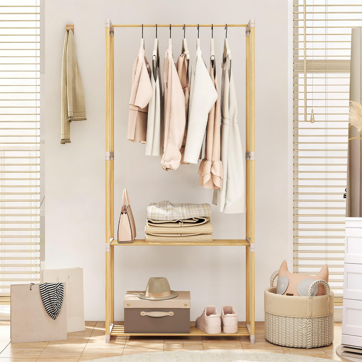 Goflame Pine Wood Clothes Rack with 2-Tier Open Storage Shelf for Hanging Clothes