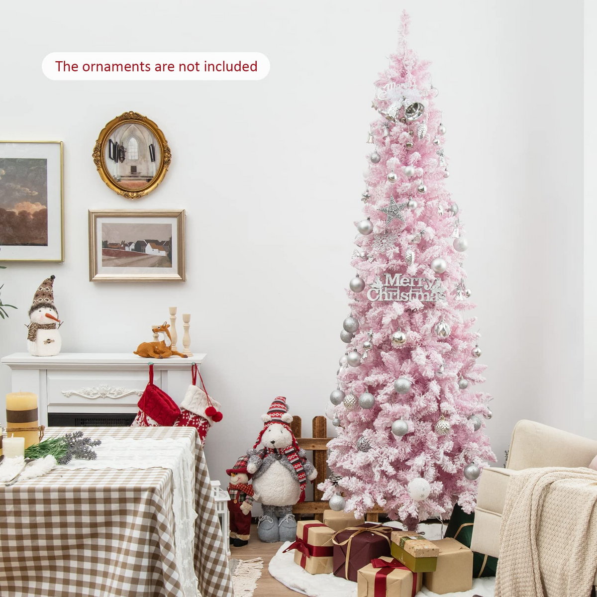Goflame 7ft Pre-Lit Pencil Christmas Tree, Snow Flocked Artificial Slim Tree with 800 Branch Tips - GoflameUS