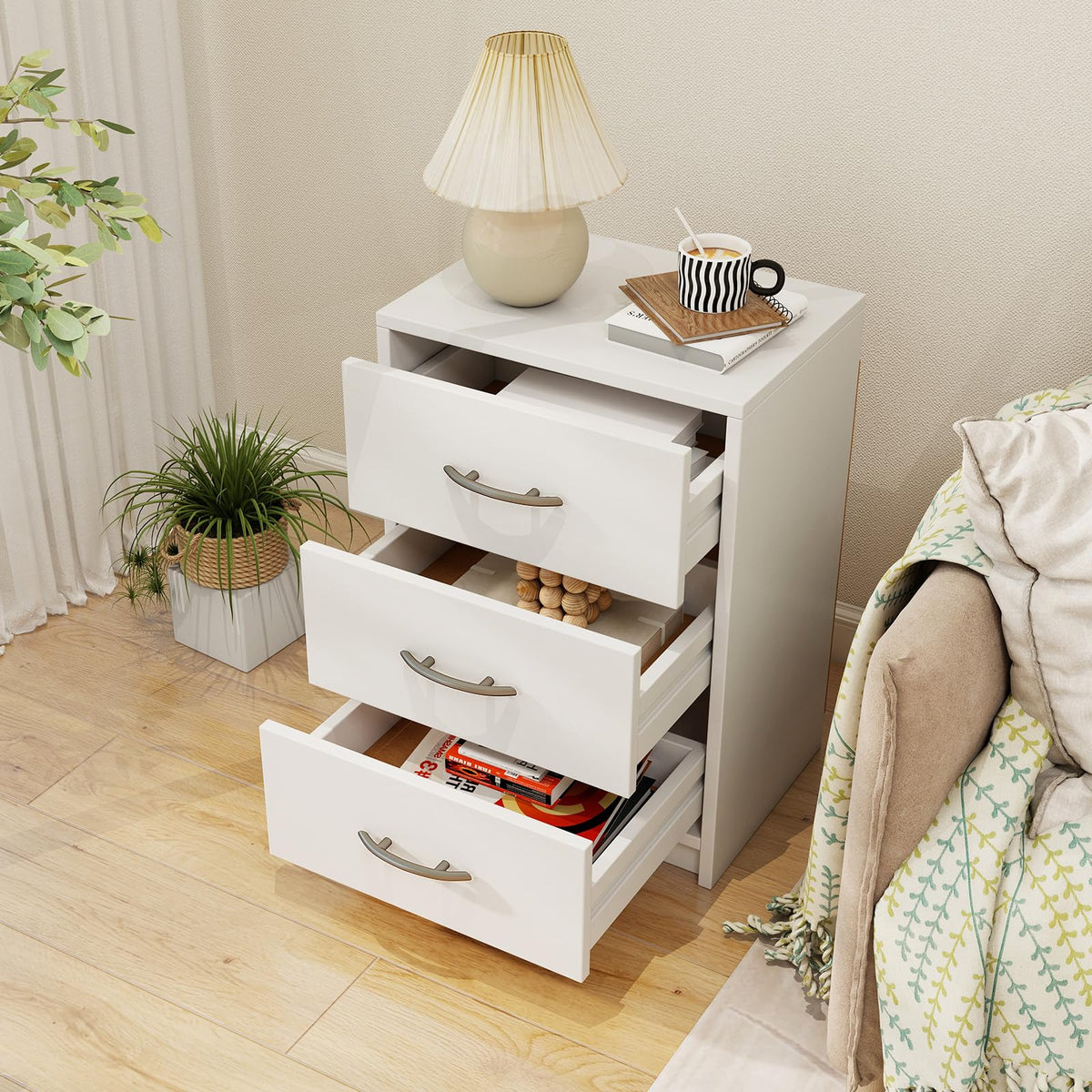 Goflame Nightstand with 3 Drawers, Modern Night Stand with Storage Drawers, White