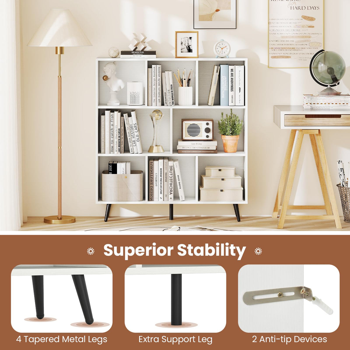 Goflame 3 Tier Modern Bookshelf with 5 Metal Legs for Living Room
