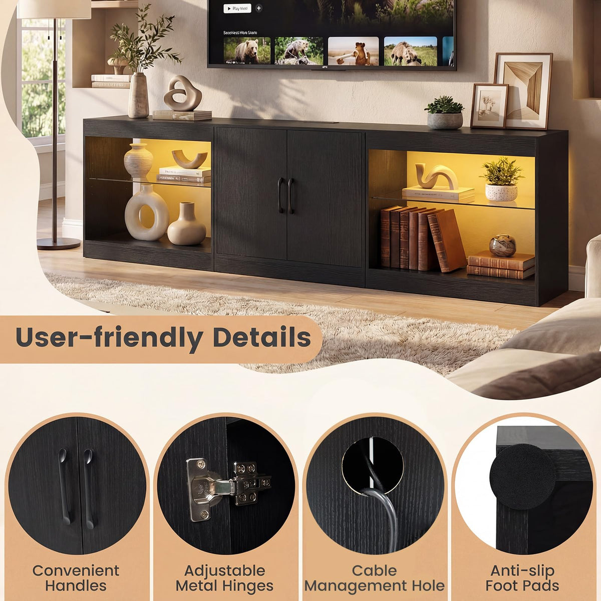 Goflame LED TV Stand for 85 Inch TV | Modern Entertainment Center with Power Outlets