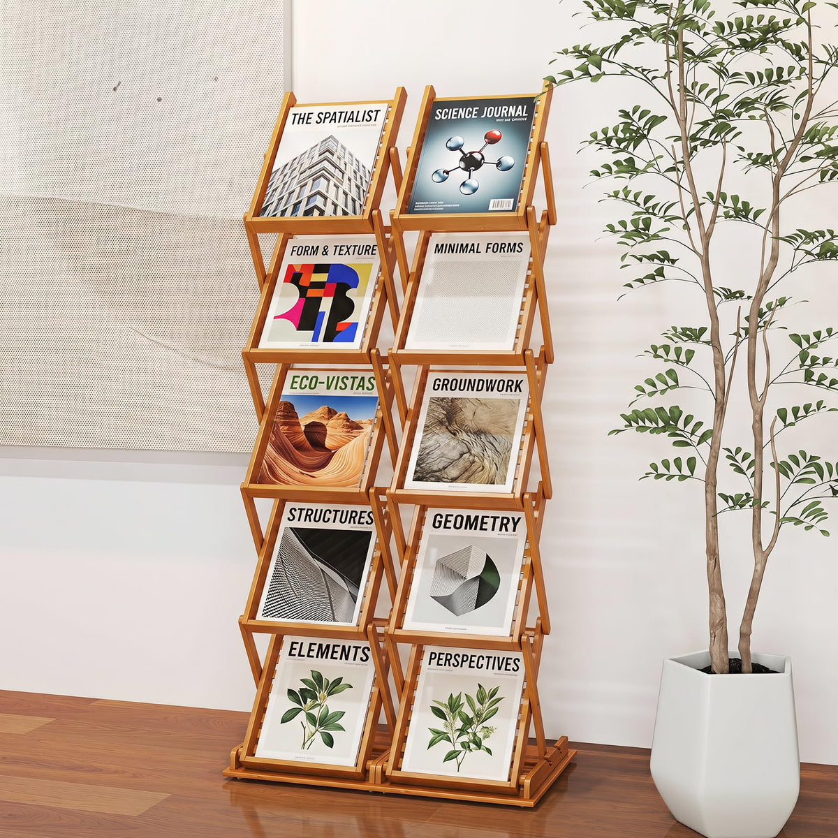 Goflame Foldable Bamboo Magazine Rack with 2 Adjustable Positions