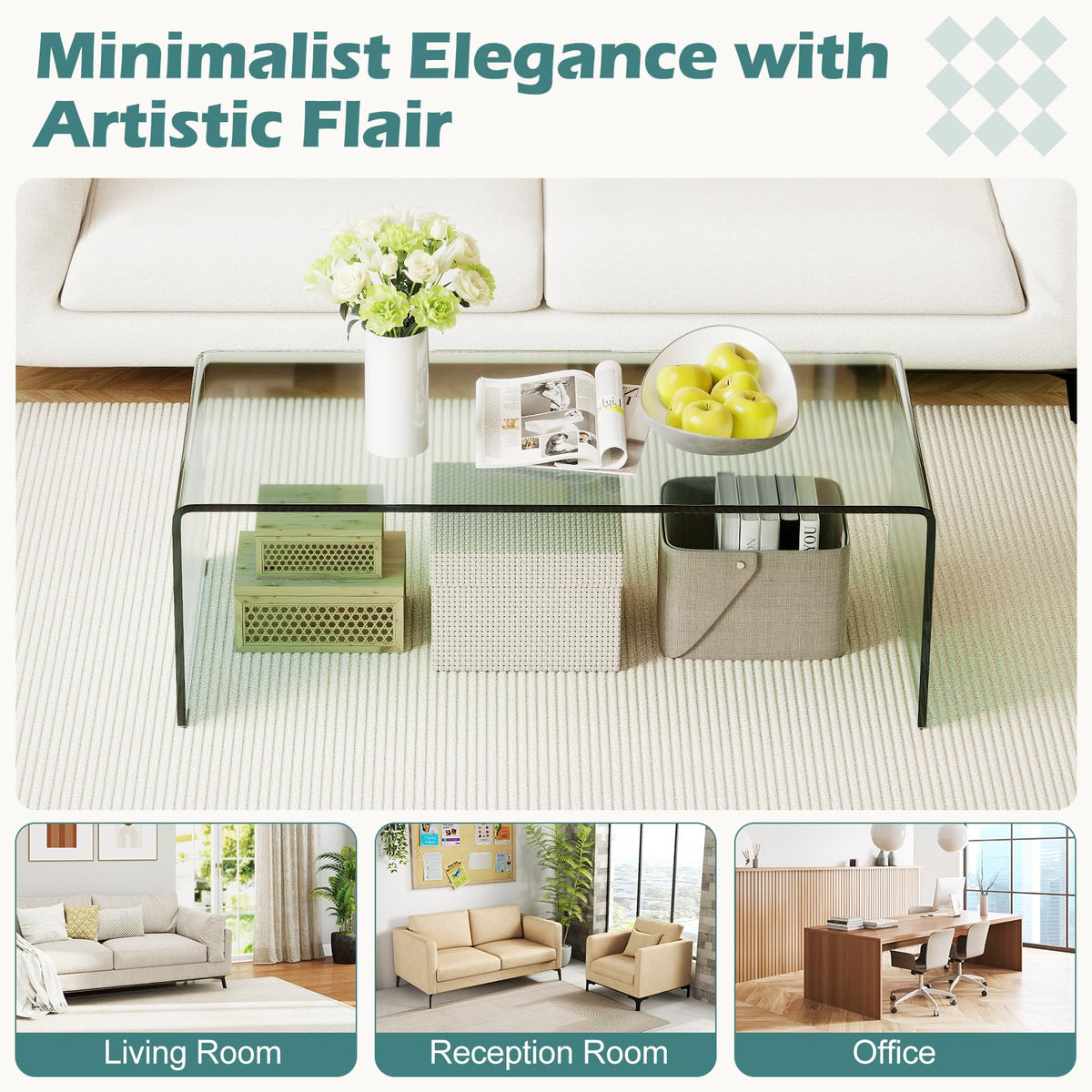 Goflame 40 Inch Clear Center Coffee Table with Tempered Glass Top & Round Edges